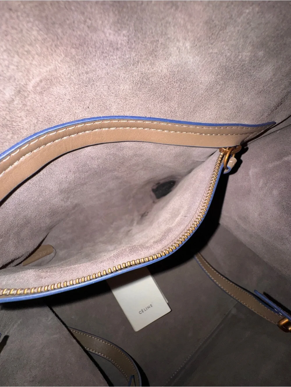 Celine Taupe Leather Satchel with Blue Trim
